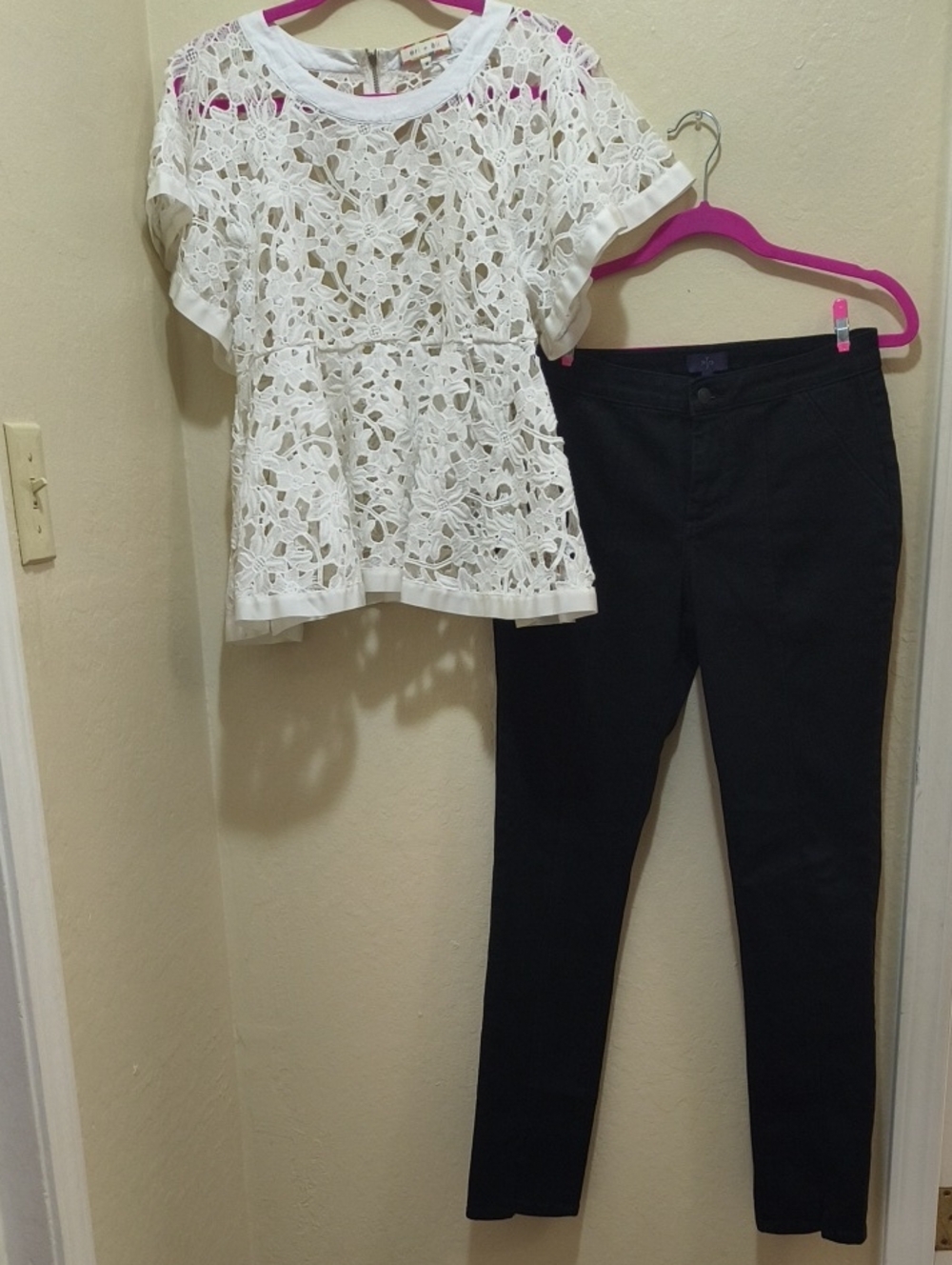 Black Skinny Pants And White Blouse W/ Cut Outs